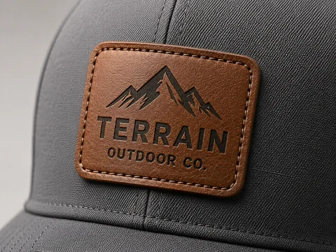 Branded leather patch attached to a custom cap