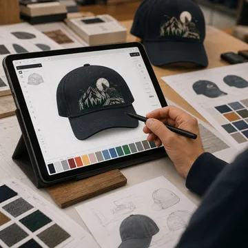Custom cap design references and specifications being reviewed