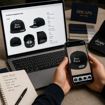 Design submission for a custom snapback cap with tech pack and reference images