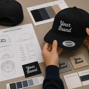 Sample development cap with fabric swatches and construction details
