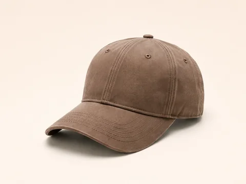 Plain 100% cotton sports cap in washed brown twill, six-panel construction