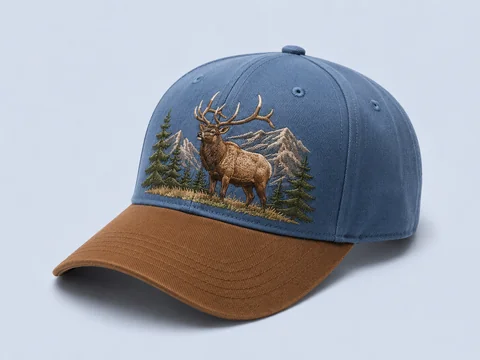 Cap with critical multi-colour embroidery of an elk and mountain scene