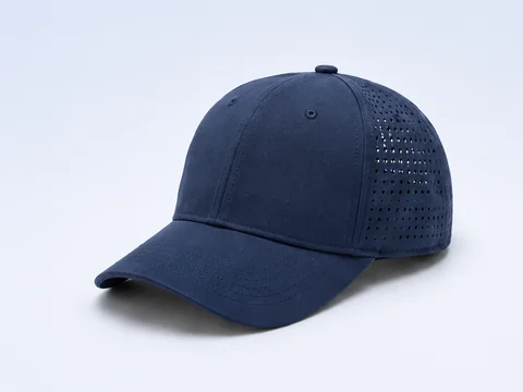 Navy unisex performance cap with laser-perforated back panels